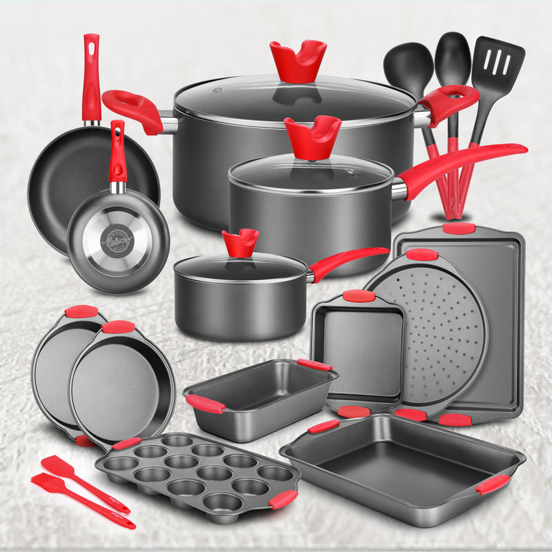 NutriChef 21-Piece Black and Red Non-Stick Cookware Set