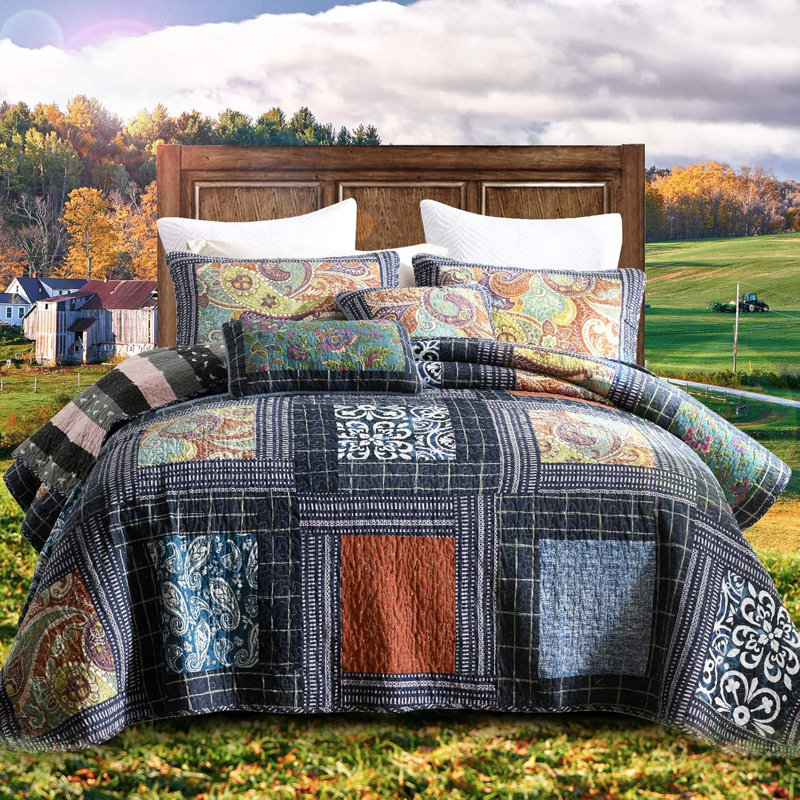 Cotton Patchwork Bedspread, 3-Piece Bedding Quilt Set With Real Stitched Embroidery, Reversible Matelasse Bed Coverlet Set,Vintage Flowery Grid