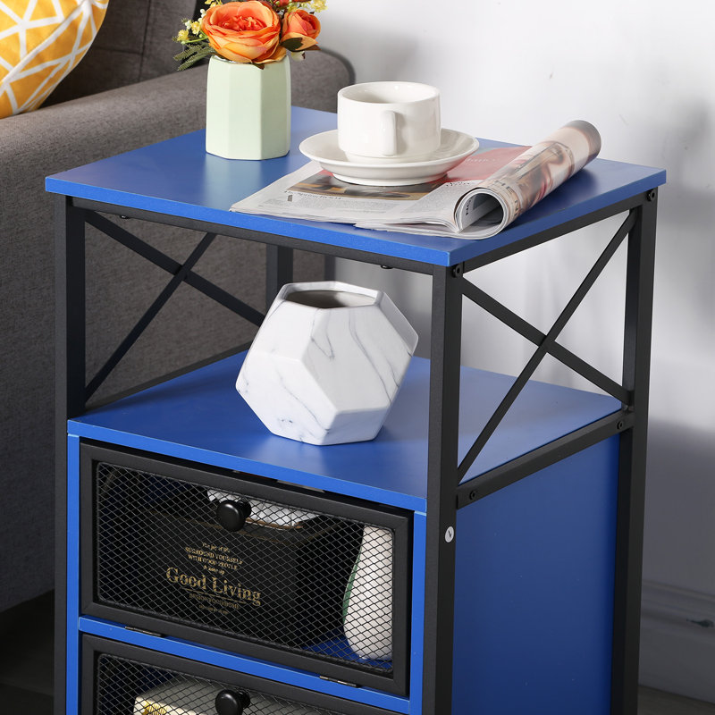 Kempst Nightstand Set 2, Small Bedside Table with Drawers, Narrow Side End Table with Open Shelf, 2 Drawer Dresser for Bedroom/Living Room/Dorms