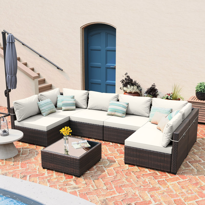 7-piece wicker patio conversation sets with cushions, Ivory White, 7 Pcs, Brown