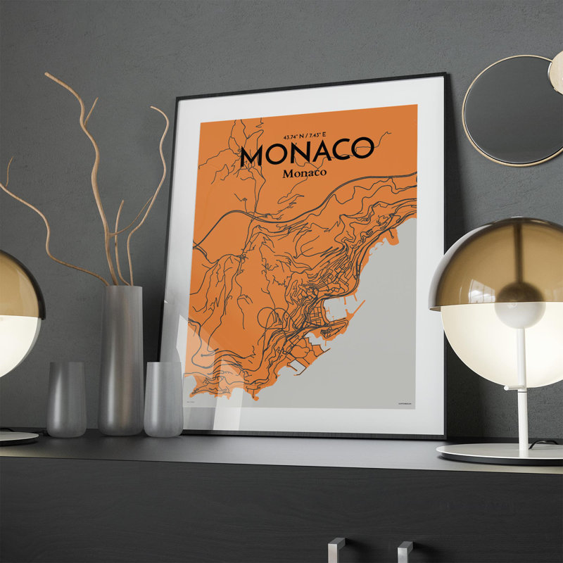 Monaco City Map In Orange - No Frame Print, 24cm H x 18cm W x 0.05cm D