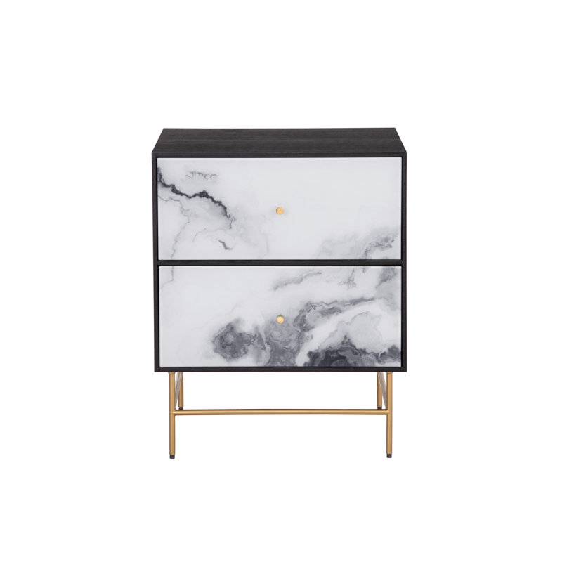 Black and White Marble 2-Drawer Nightstand with Gold Legs