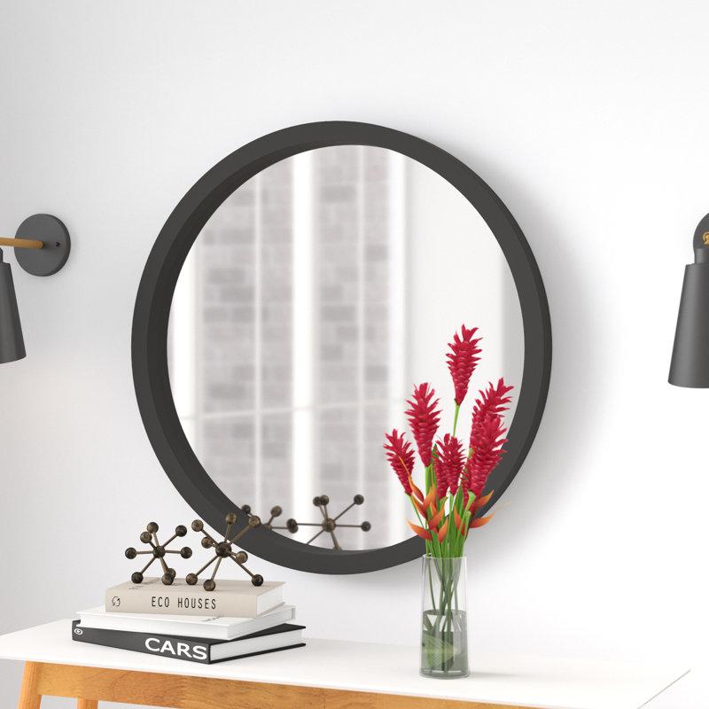 Burel Circle Wall Mirror, 32" H x 32" W, Black