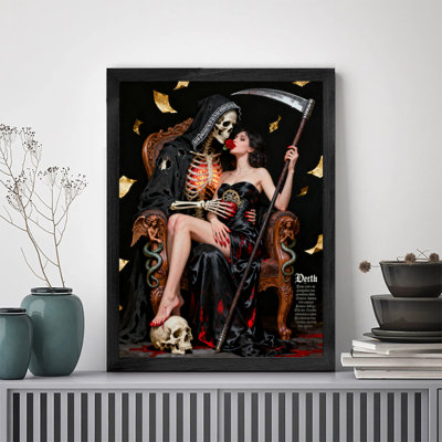 Black Framed Vintage Death and Woman Dark Romance, Gothic Decoration Wall Art Retro Style Framed Prints
