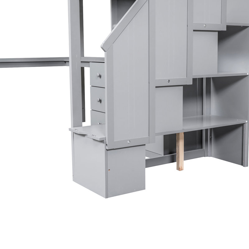 Lit mezzanine simple gris avec bureau en L, tiroirs et escalier rempli de rangement, Gris
