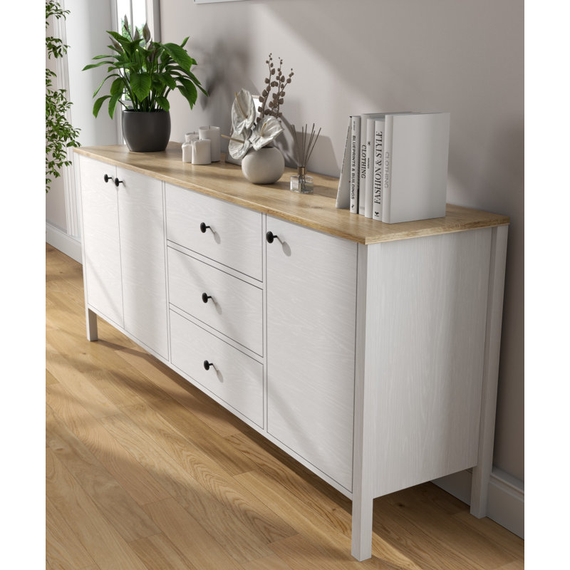 Modern Console Table with MDF Profile Legs, White & Wood Finish, 78.7 x 32.3 x 17.3 inches | 100% Melamine Coated Particle Board, Sleek Design, Metal Handles, Numerous Shelves, Wall-Mountable, Scandinavian Style