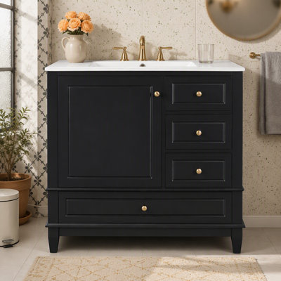 Meuble-lavabo 36 po avec lavabo en céramique, panneau de fibres à densité moyenne et base en bois massif, 3 tiroirs et armoire avec tablettes, meuble-lavabo autoportant avec trous de robinet de 4 po