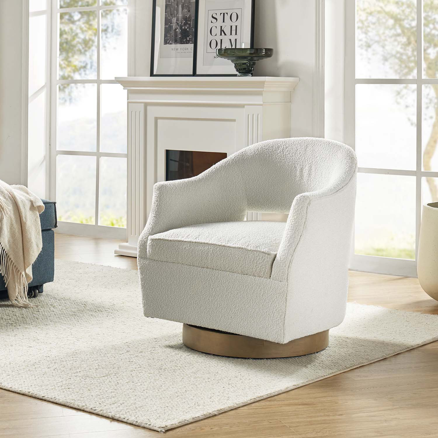 Lark Manor Aquille Upholstered Swivel Barrel Chair with Solid Wood