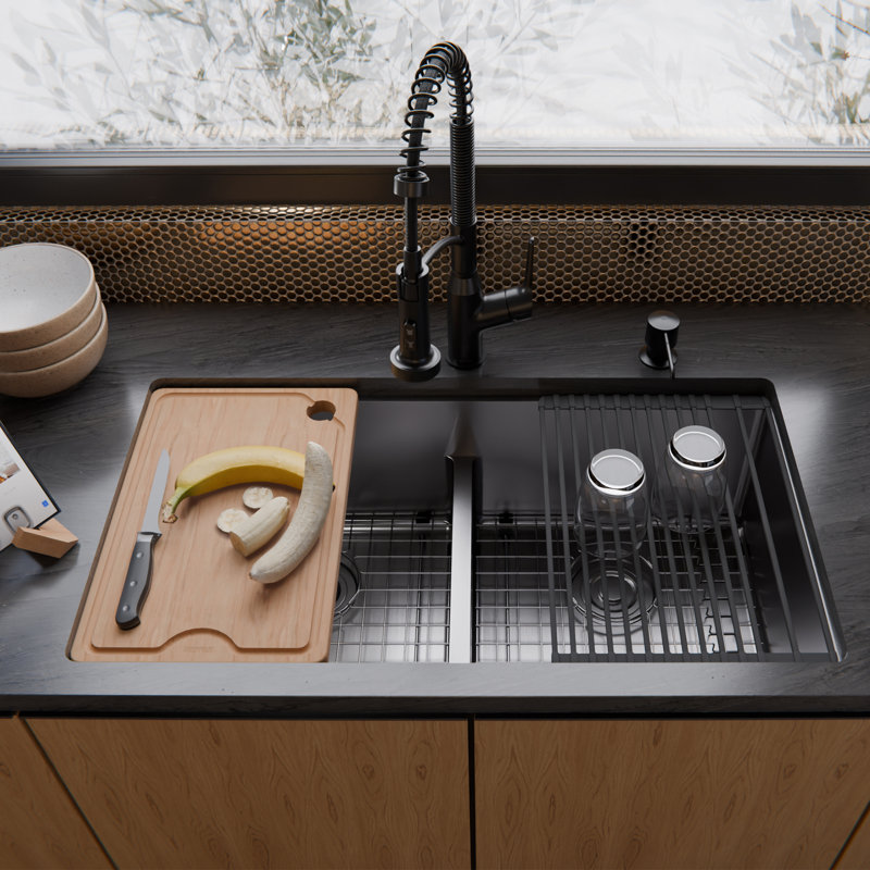 Karran Fusion Undermount 33-in x 18-in Stainless Steel Double Equal Bowl Workstation Kitchen Sink