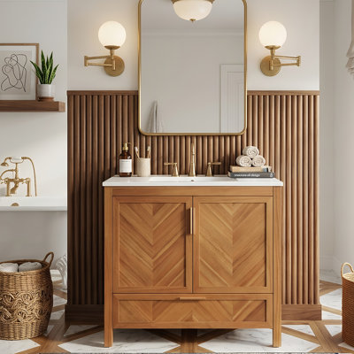 Meuble-lavabo autoportant de 30 po avec lavabo intégré, armoire de rangement à chevrons en bois, 1 tiroir et 2 portes à fermeture en douceur (naturel)