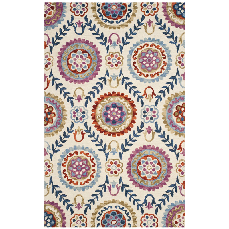 Tapis en laine et coton crocheté à la main Suzani, Rectangle 8 pi x 10 pi