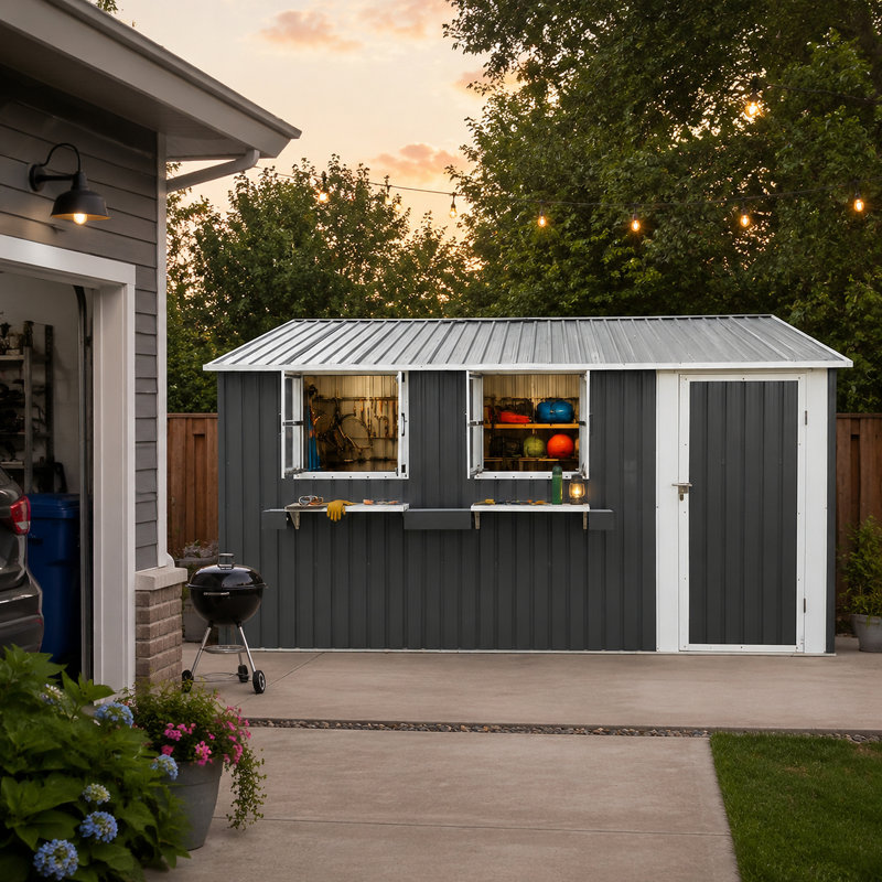 Remise de rangement pour l'extérieur avec fenêtres, support et porte verrouillable, Gray
