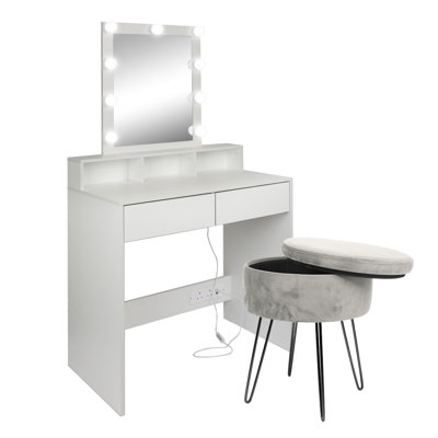 Harbour Housewares Wooden Dressing Table Set with LED Lights - White
