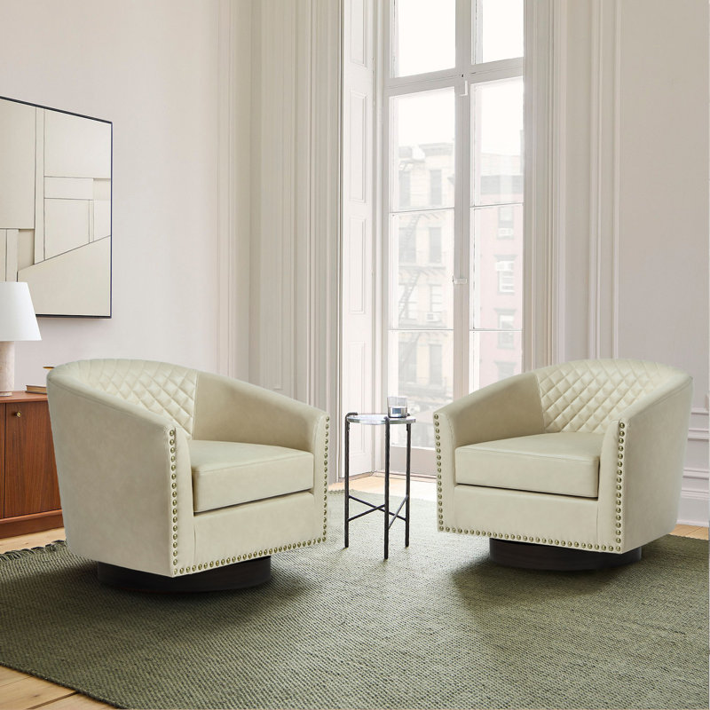 75.2Cm Wide Tufted Swivel Barrel Chair, Beige Faux Leather