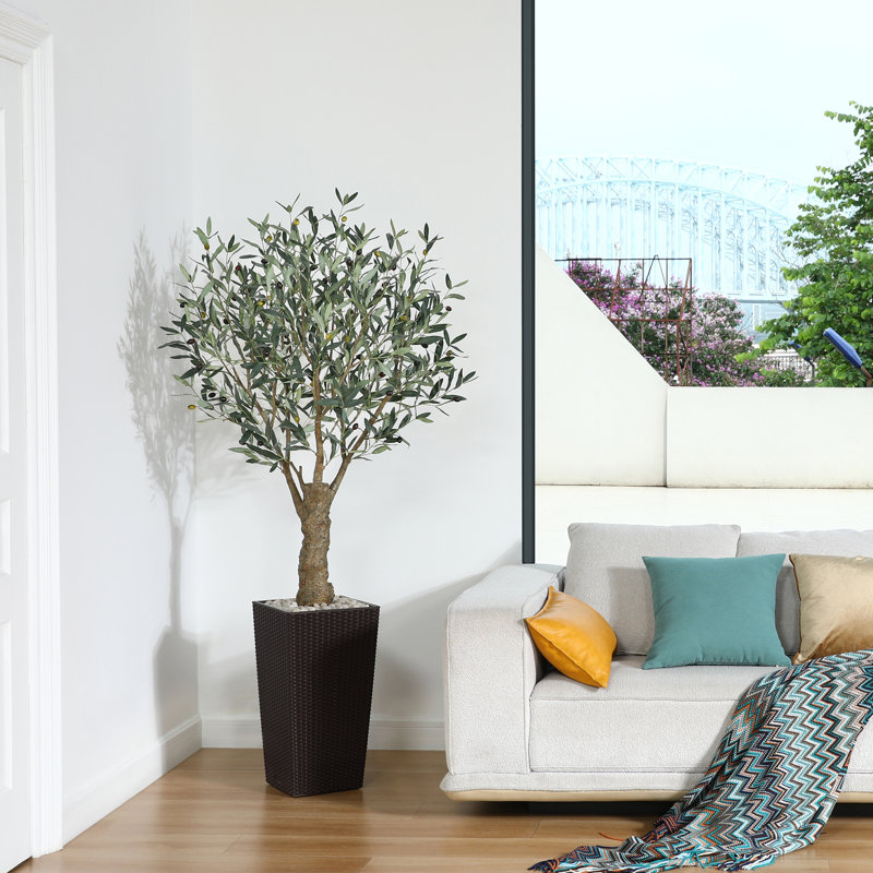 Olive artificielle résistante aux rayons UV avec grand pot de fleurs, olivier artificiel pour la décoration extérieure, Brun