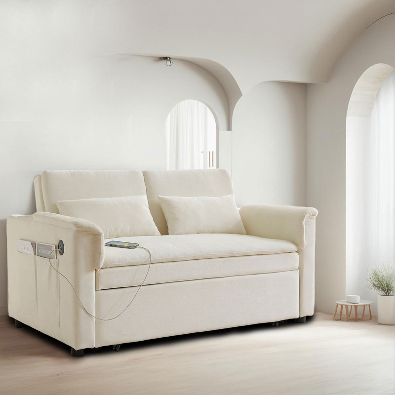 Canapé-lit rembourré en velours moderne avec dossier réglable et lit escamotable Modern Minimalist, Beige