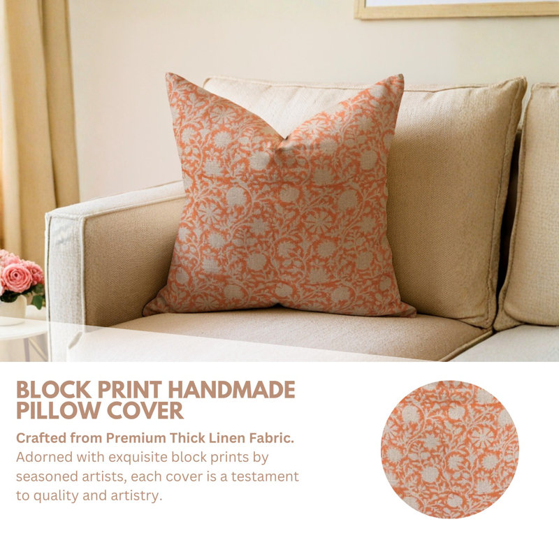 Block Print Throw Pillow Cover, 4 Thick Linen Decorative Pillowcase, 20" x 20"