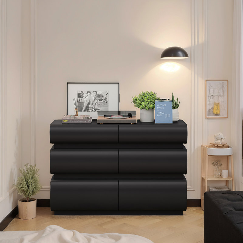 Commode 6 tiroirs pour chambre à coucher, commode noire sans poignée, commode moderne 6 tiroirs avec rangement large (Même SKU: W757P235728)