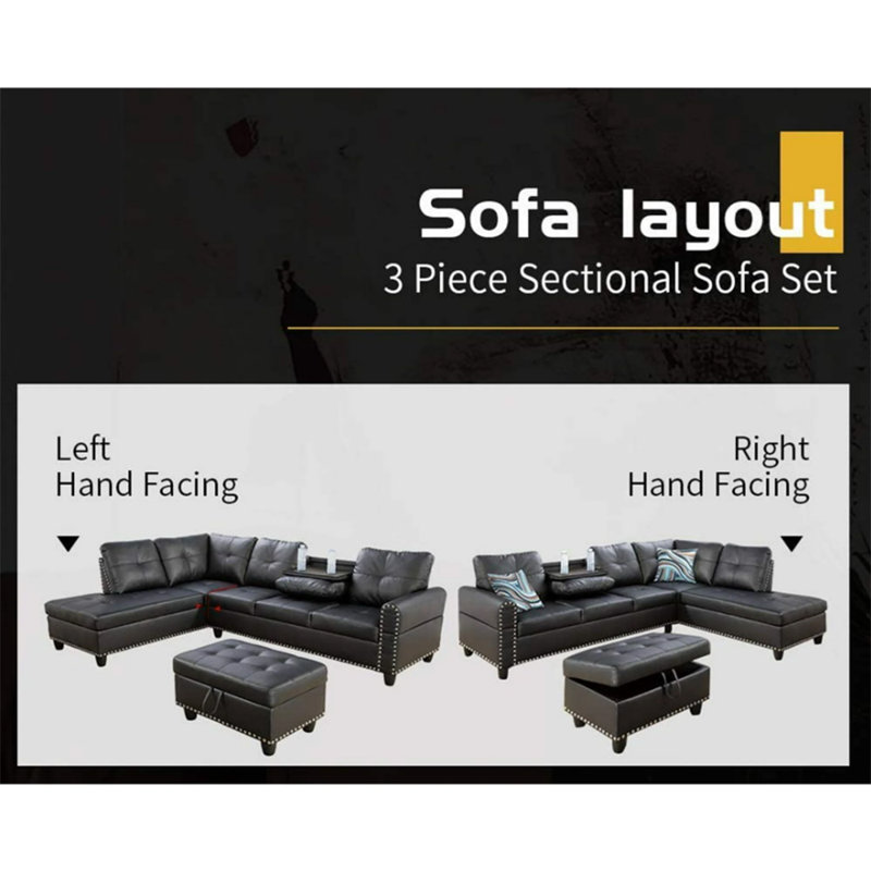3-piece Faux Leather L-shape Leather Sectional Sofa, Black White Faux Leather, Left Hand Facing