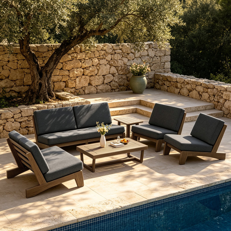 Ensemble de conversation Polett, 6 Pcs: 2 Tables, Loveseat, 2 Chairs, Sofa, Gris foncé, Brun