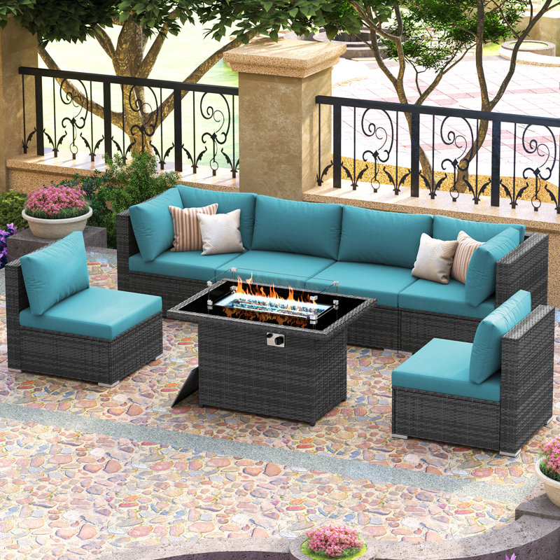 Ensemble de meubles d'extérieur 7 pièces avec foyer d'extérieur, Gris anthracite, Sarcelle