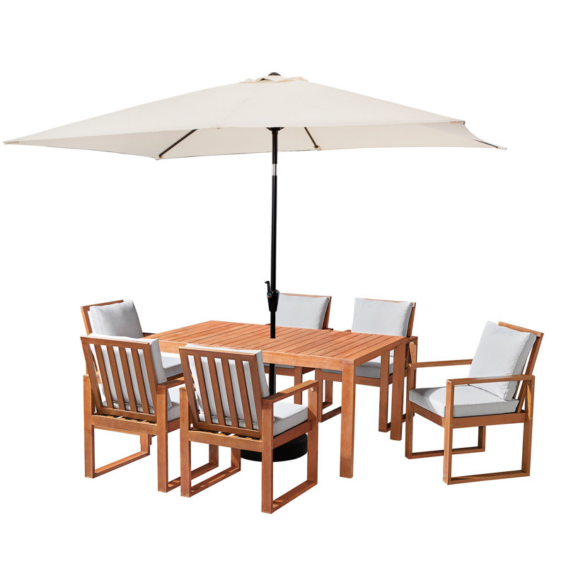 Ensemble de salle à manger de patio en bois avec coussins Weston, Blanc, 6