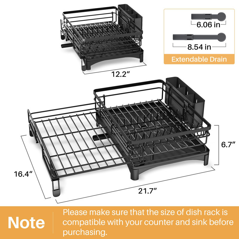 Extendable Dish Rack, Large Sink Drying Dish Drainer For Kitchen Counter, Matte Black