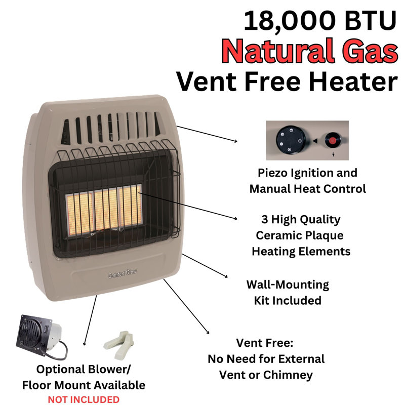 Comfort Glow 18,000 BTU Natural Gas Wall Heater, Heats Up to 800 Sq. Ft.– KWN391