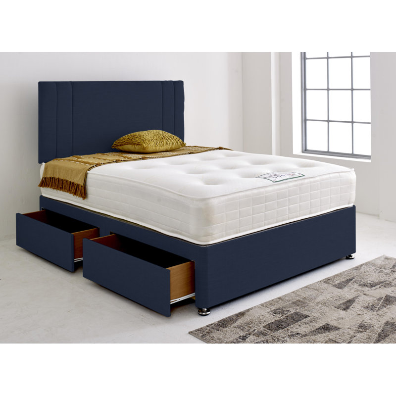 Divan Bed with Autumn Headboard, No Drawers, Double (135 x 190 cm), Navy Blue