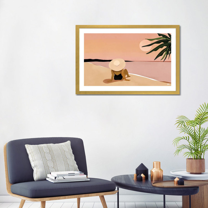 «Beach Gaze» par Bria Nicole - impression d'art graphique, H 24 po x l 32 po x P 1 po, Papier encadré doré, Blanc