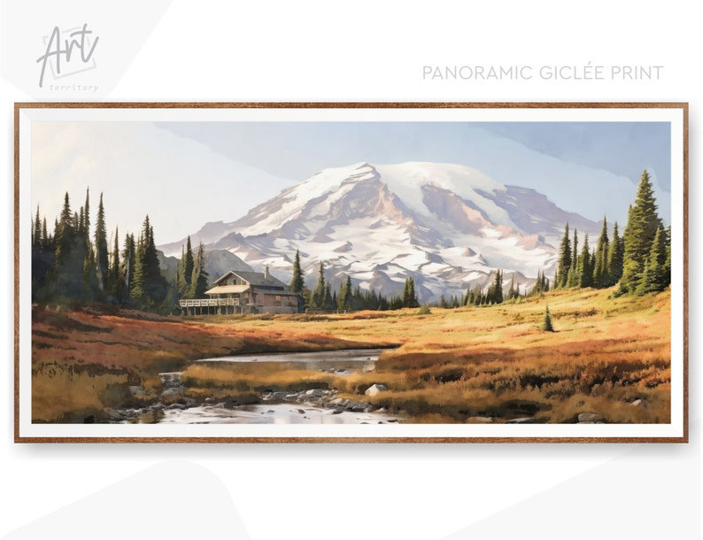 «Mount Rainer National Park», art mural horizontal, impression de voyage à l'aquarelle, H 28 po x l 56 po x P 1,5 po