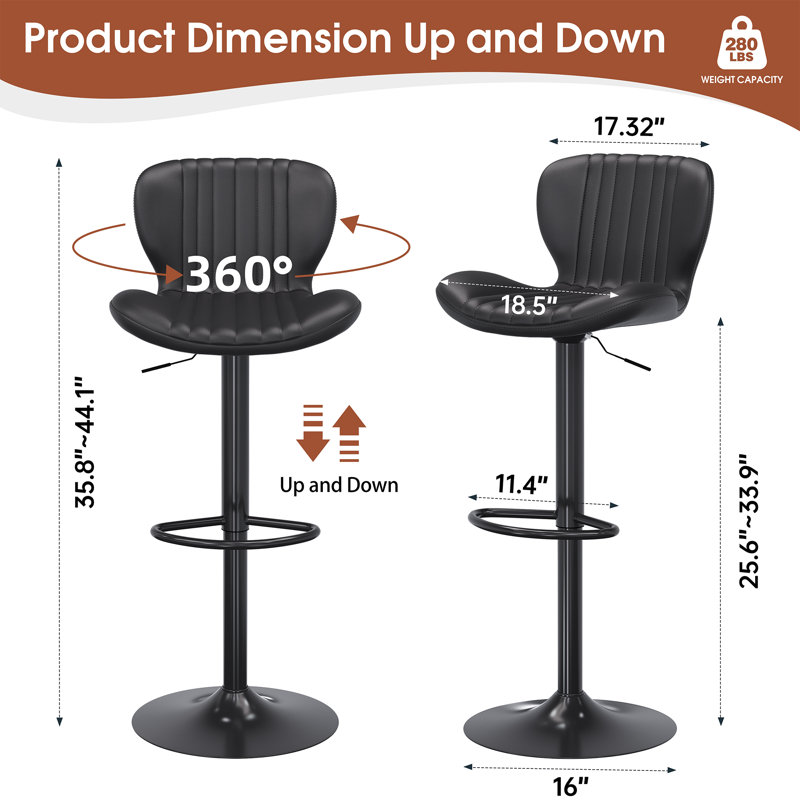 Adjustable Bar Stool With Footrest, 360° Swivel Metal Counter Stool,Set Of 2, Black