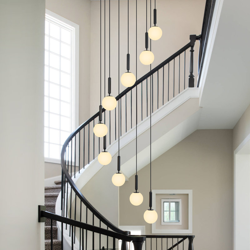 Lustre moderne 9 lumières avec verre blanc laiteux pour hall d'entrée, Noir mat