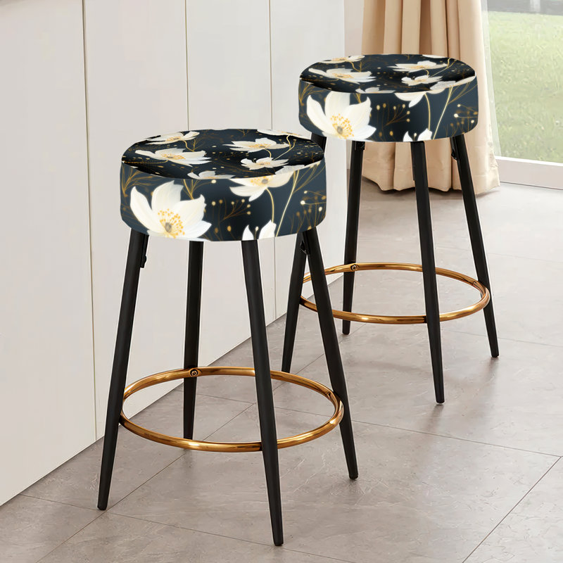 Ensemble de 2 tabourets de bar à motif floral noir et ivoire