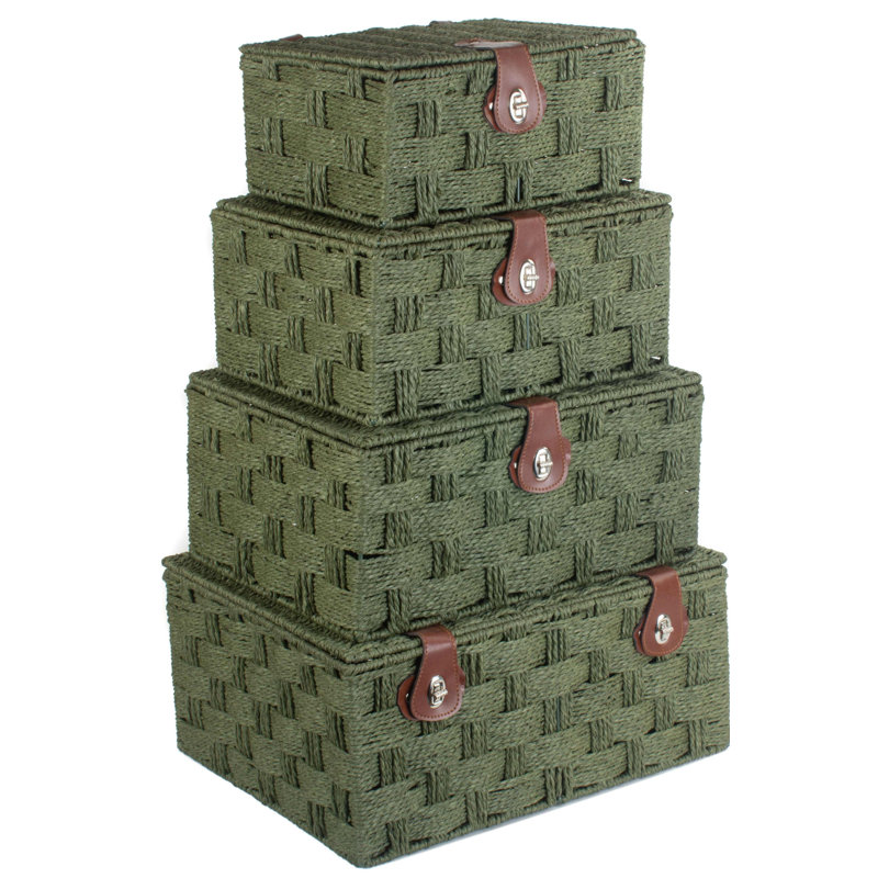 Paper Rope 4 Piece Lidded Storage Basket Set, Green