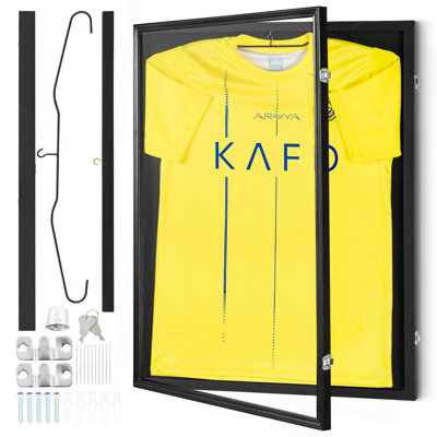 Jersey Display Frame Case, 24 x 32 x 1.5 in, Large Lockable Sport Jersey Shadow Box with 98% UV Protection PC Glass and Hangers, for Baseball Basketball Football Hockey Shirt and Uniform