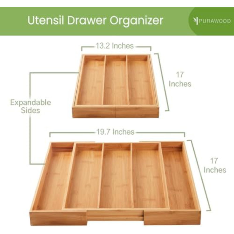 Organisateur de tiroir de cuisine, paquet de 2 - Organisateur de tiroir à ustensiles extensible pour la cuisine, plateau à couverts et rangement pour couverts, 3 à 5 fentes - Organisateur en bambou pour ustensiles et couverts (naturel)