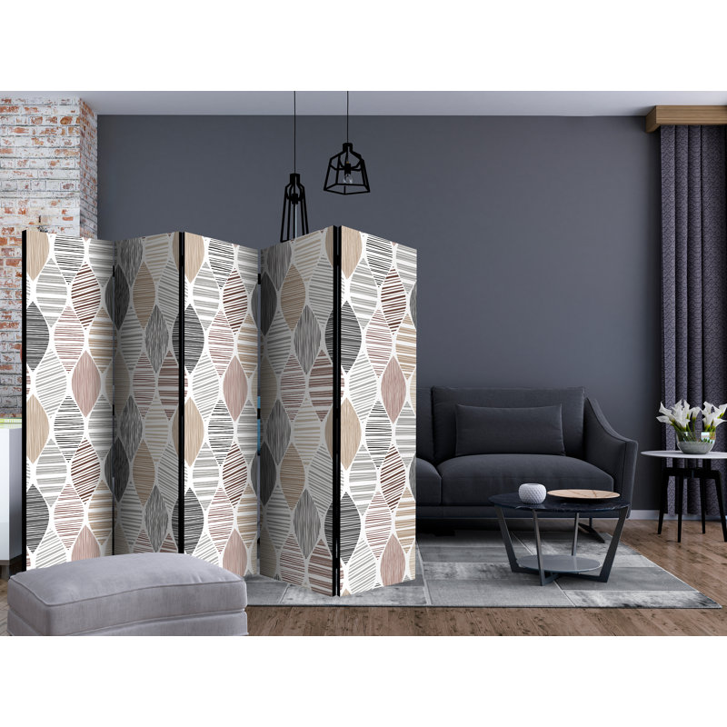 Halimo 225cm W x 172cm H 5 - Panel Solid Wood Folding Room Divider, Grey/Brown/Beige