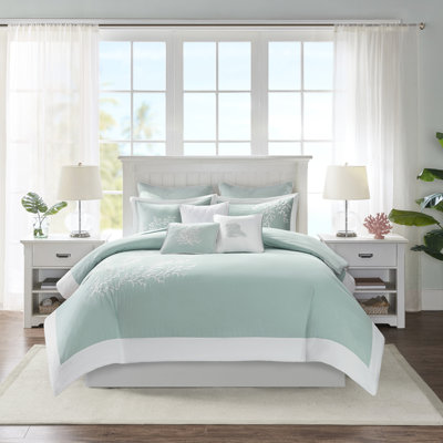 Literie 100% coton très grand / très grand - avec broderie corail et édredon à bordure