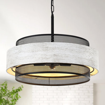 19.7 Inch 5-Light Rustic Large Round Farmhouse Drum Chandeliers, Metal Wood Texture Interior Hanging Lighting For Entryway Kitchen Island Foyer Bedroom Living Room