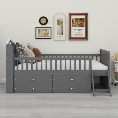 Cadre de lit simple avec rangement 4 tiroirs, lit en bois avec tête de garde-corps et échelle pour la chambre à coucher, sans sommier