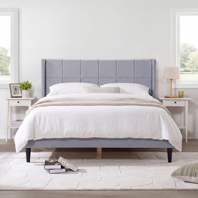 Luma Queen Upholstered Wingback Platform Bed, Gray, Queen