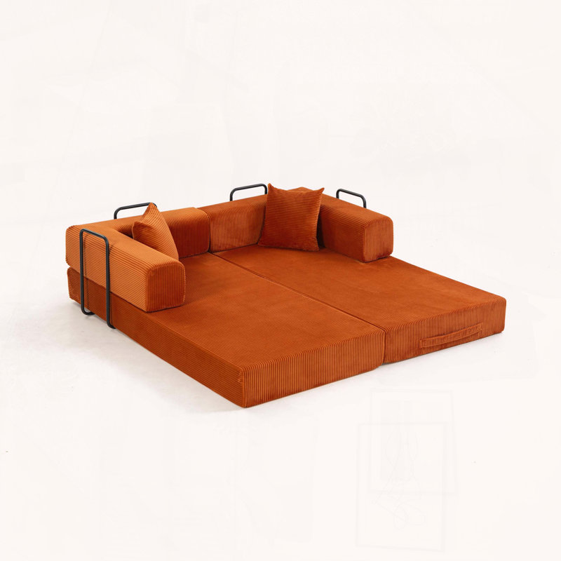 Canapé-lit modulaire double en mousse avec tissu velours côtelé, sans assemblage, Orange