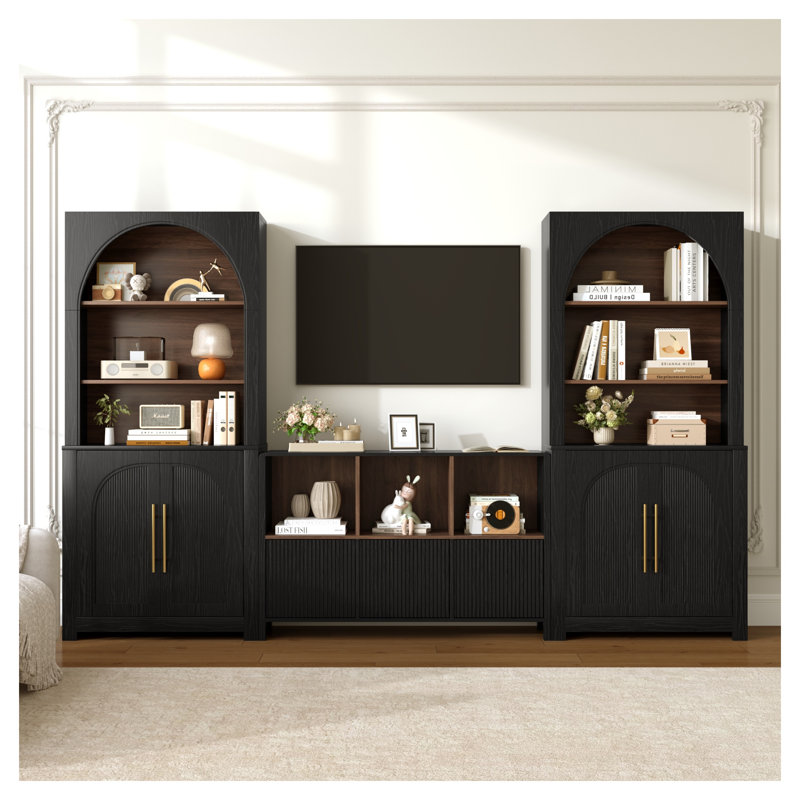 Ensemble de bibliothèque cintrée 3 pièces avec placards de rangement, hautes étagères en bois avec portes et étagères ouvertes pour salon et bureau, noir