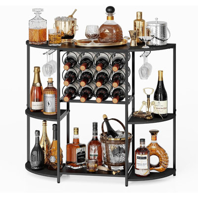 Home Bar Cabinet with Wine Rack & Glass Holders, 3-Tier Open Liquor Storage Cabinet for Whiskey, Spirits, Wine & Bar Accessories