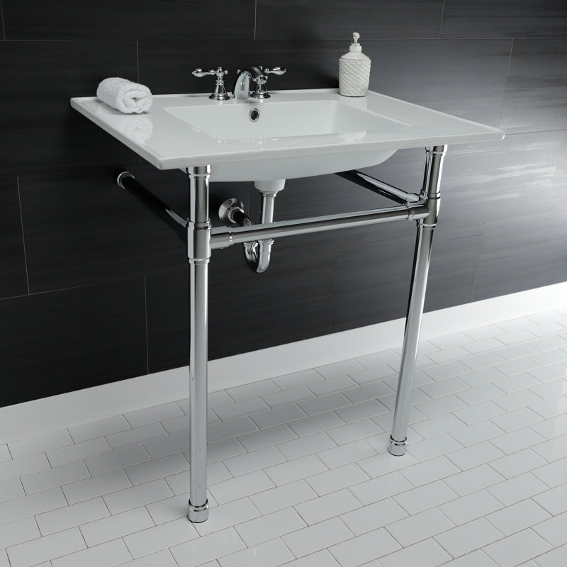 Lavabo de salle de bain console en céramique avec trop-plein, Chrome poli, Centres 4 po