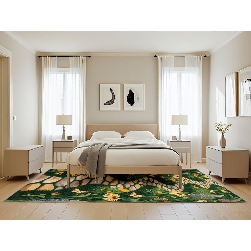 Machine Washable Nature Green Area Rug, Rectangle 5' x 8'