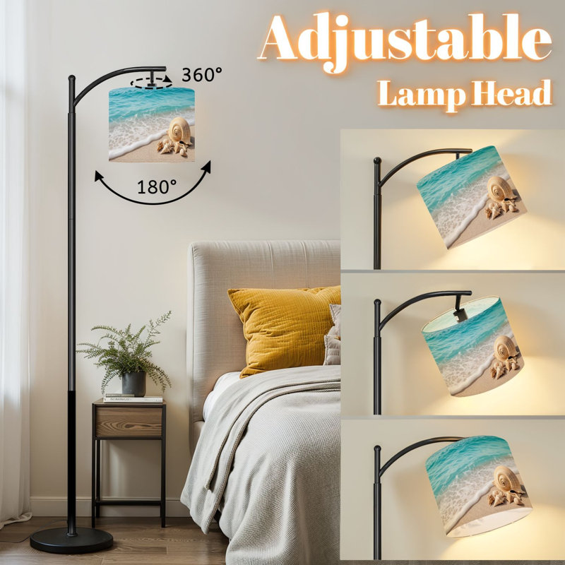 Lampe sur pied à arc avec abat-jour réglable coquillages coquillages Sandy Beach Gentle Ocean Waves Marine Life Lampe sur pied côtière 3 températures de couleur à haut gradateur avec interrupteur au pied pour la chambre à coucher
