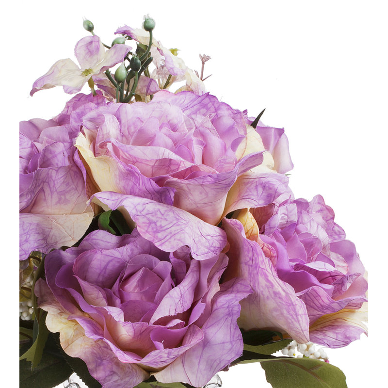 Agencement de fleurs en soie mélangées dans un vase, Mauve
