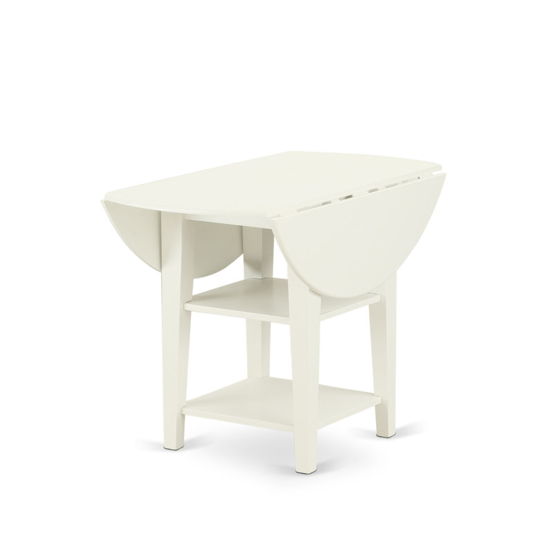 3 Piece Kitchen Table Set Contains a Round Dining Room Table with Dropleaf & Shelves and 2 Shitake Linen Fabric Parsons Chairs, Linen White